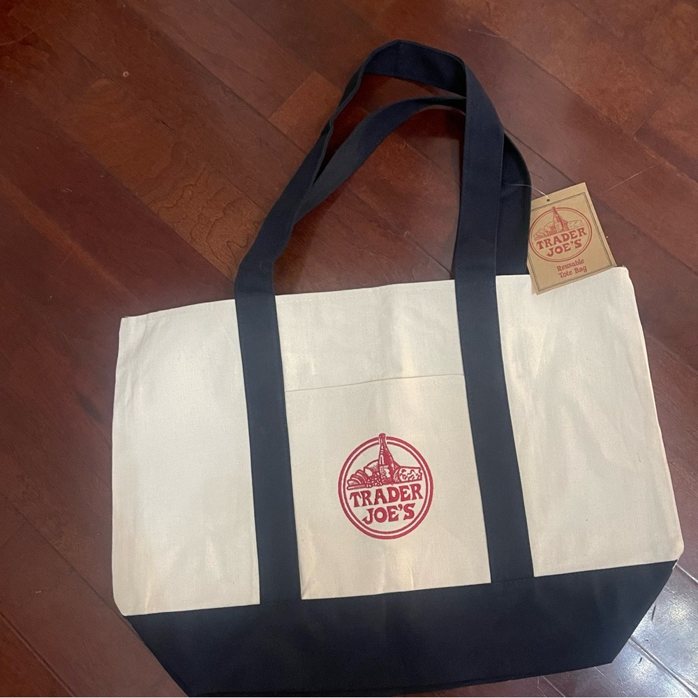 Trader Joe’s Large Canvas Reusable Tote Cream Navy Red Logo NWT